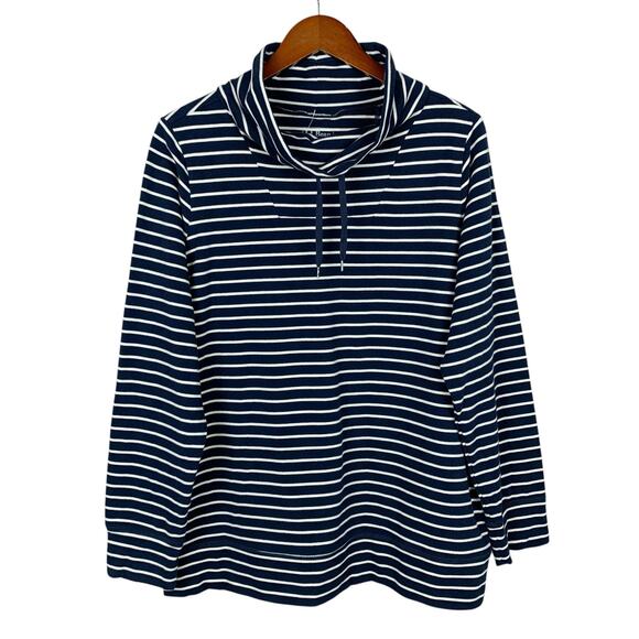 New LL Bean Ultrasoft Sweats Funnel Neck Pullover Blue Cream Stripe Sweatshirt L - Picture 1 of 7